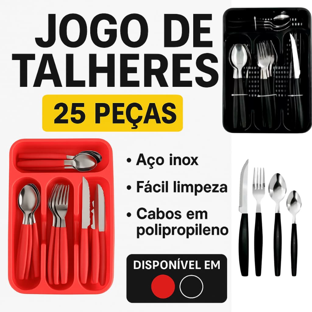 Conjunto Talheres Aço Inox 25 Peças c Porta Talher Cores Cozinha Madeira Garfo Faca Colher Talher