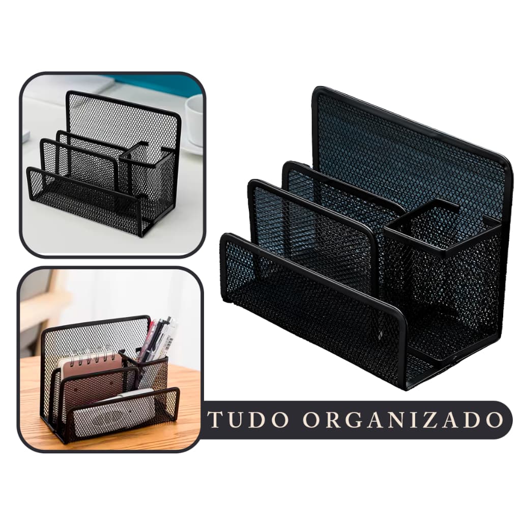 Organizador de Mesa Grande Metal com 3 Divisórias e Suporte para Canetas Preto