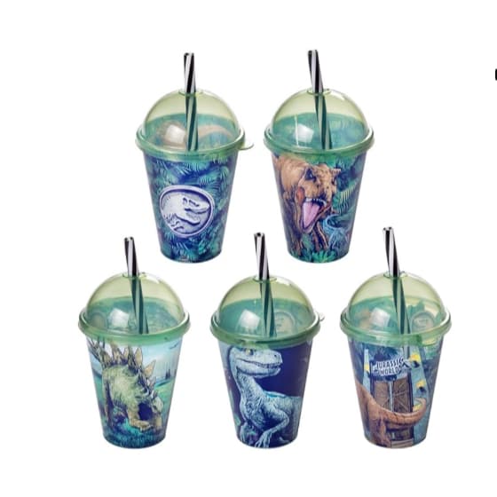 Kit 5 Copos com Canudo para Festa Infantil Dinossauro Plasutil 280ml Lembrancas de Aniversário