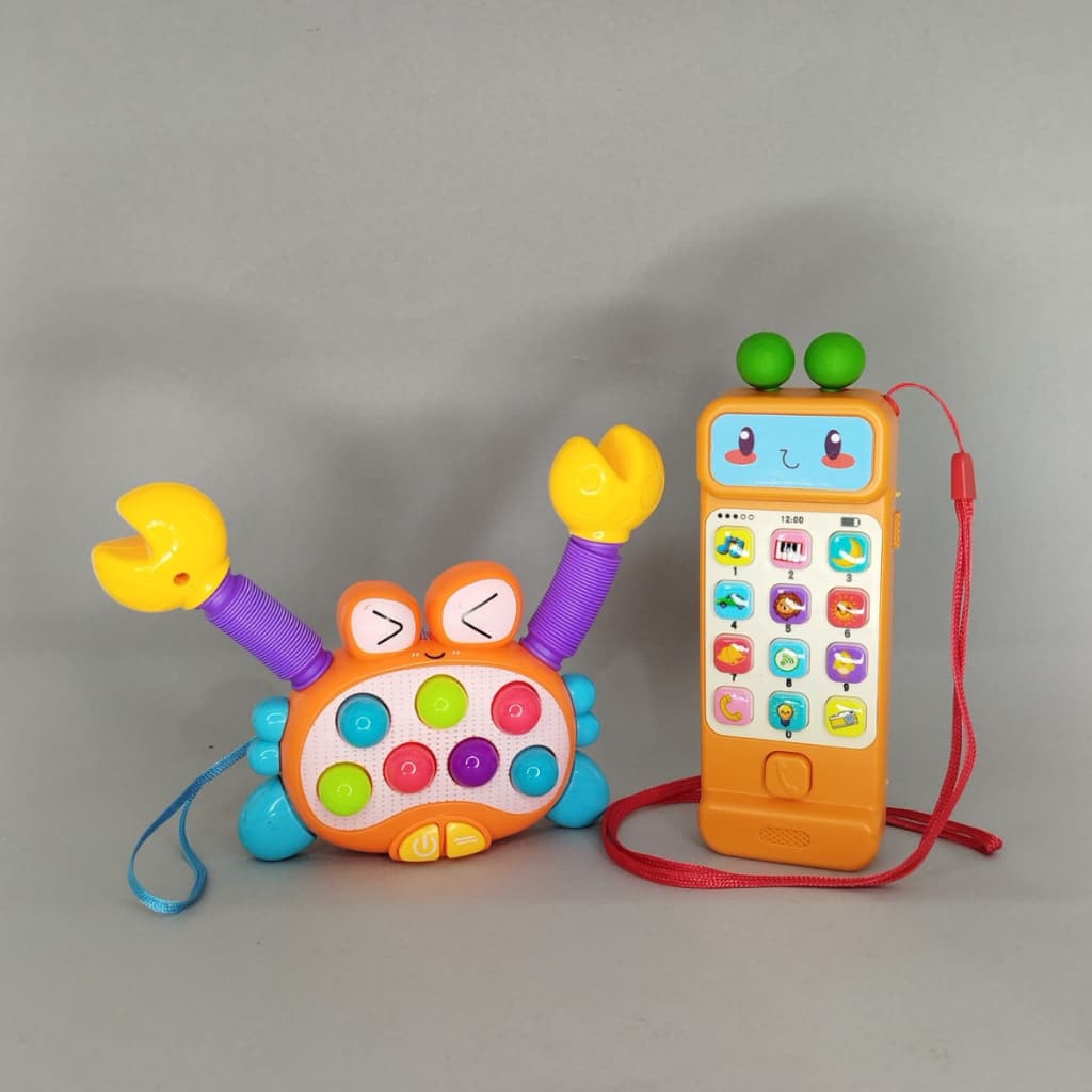Kit Brinquedos Sensorial Montessori Luzes e Som Celular e Caranguejo