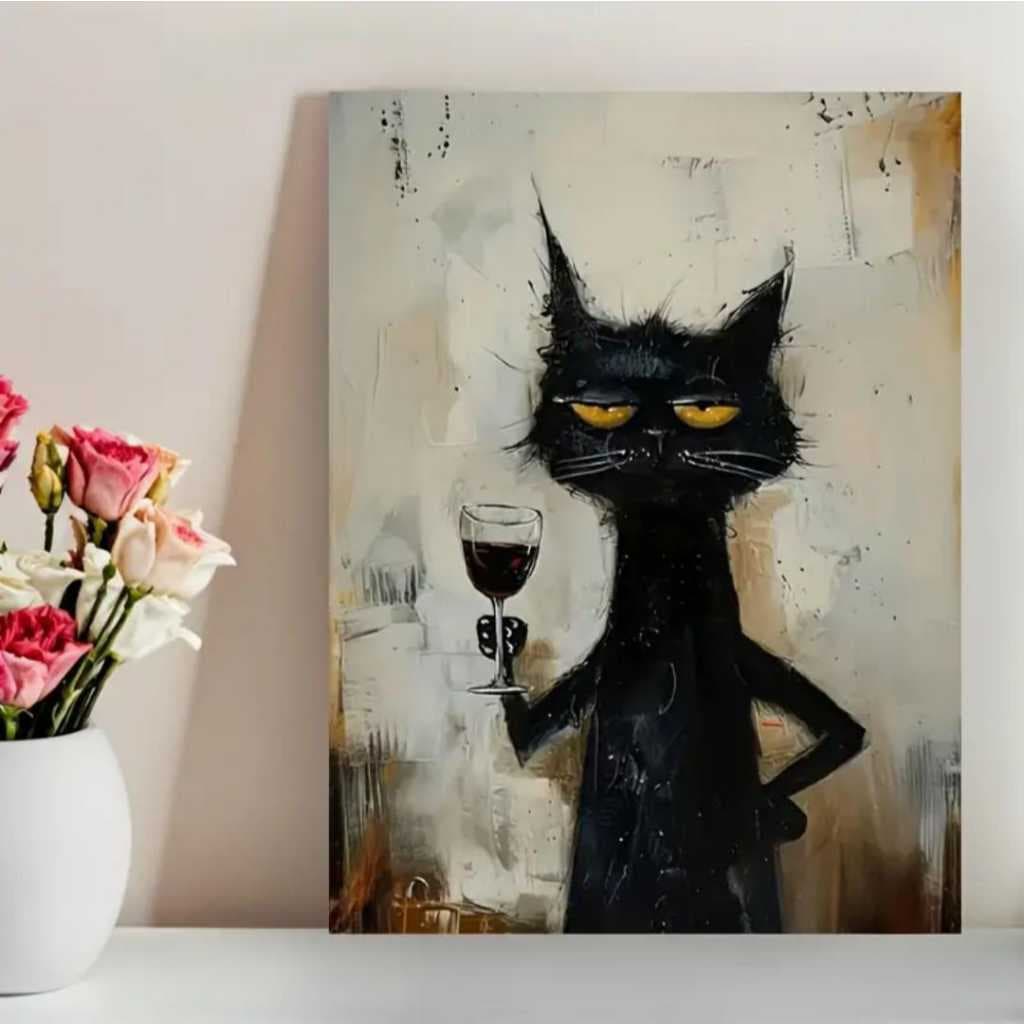 Quadro Decorativo Gato Preto Chique Taça Moderno Abstrato Arte Pintura Sala Hall Quarto