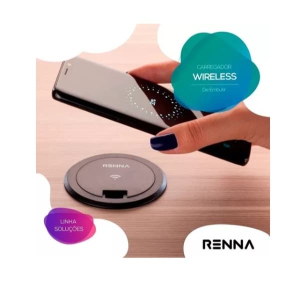 Carregador por Indução Renna Qi Wireless 5V P/ Iphone Samsung Xiaomi - Rápido, leve e sem Fio - Para Embutir Moveis