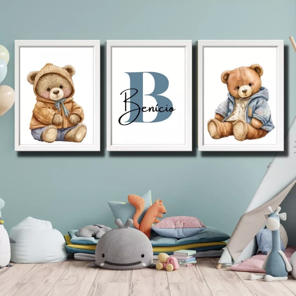 Quadro de decoração para quarto infantil-letra personalizada-nome personalizado-3 peças-ursinhos