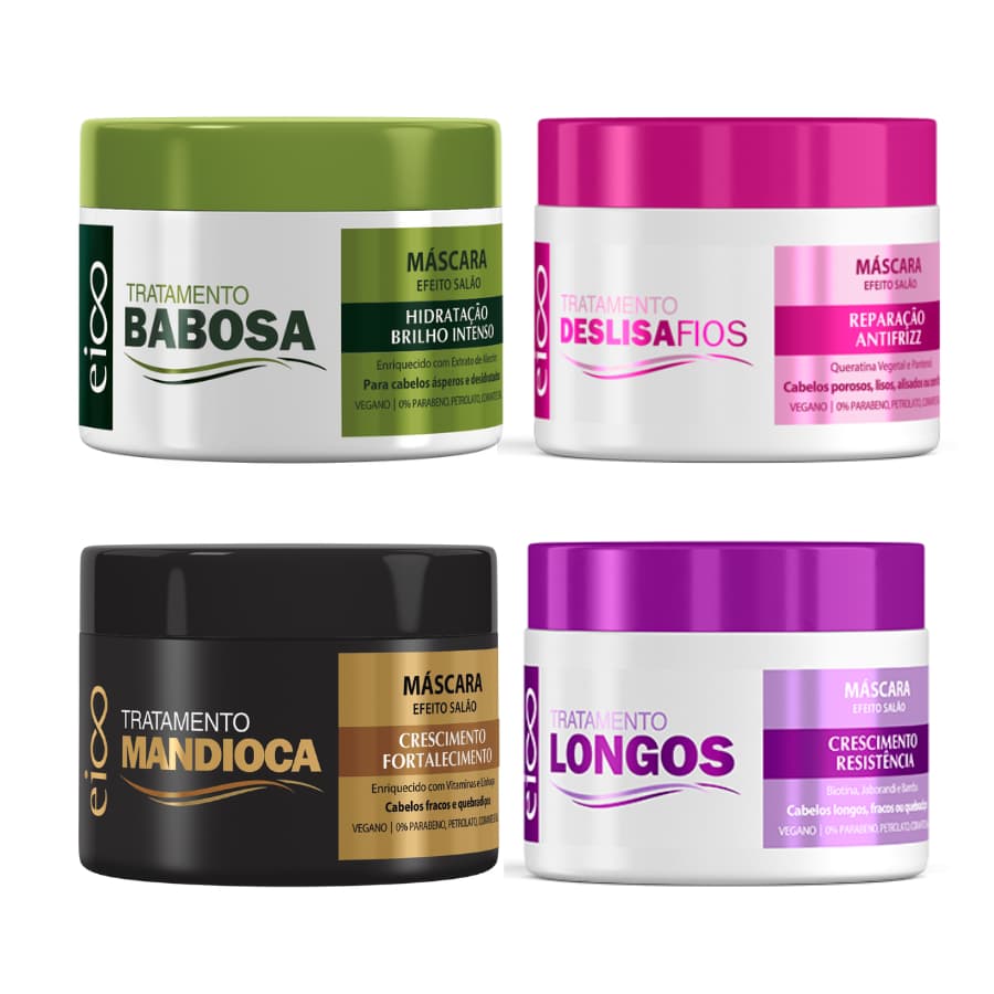 Kit Eico Cronograma 4 Máscaras Completo Hidratação Nutrição Reconstrução e Anti frizz 270g