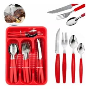 Conjunto de Talheres Home em Aço Inox Vermelho ou preto 25 Peças Cozinha Sala  de Janatar Sobre Mesa Com Gaveteiro