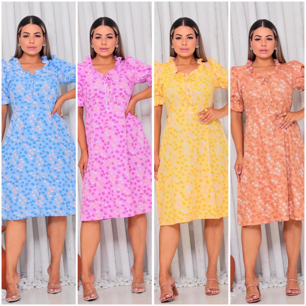 Vestido Feminino Floreado Pescoço Babado em Visco Lycra - Moda Casual e Confortável