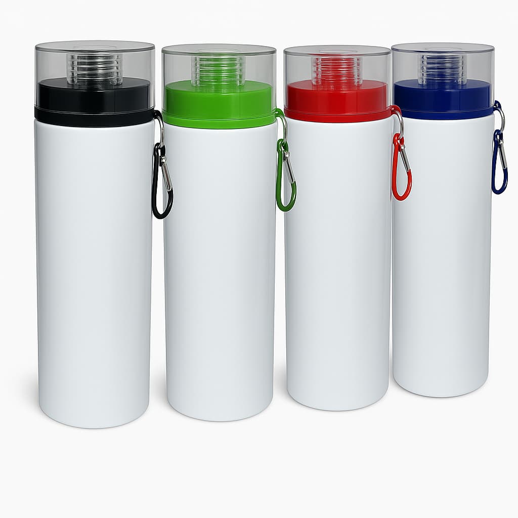 Garrafa Alumínio com Tampa Acrílica Bico Colorido e Mosquetão – 750ml | Personalizável, Ideal para Esportes e Viagens