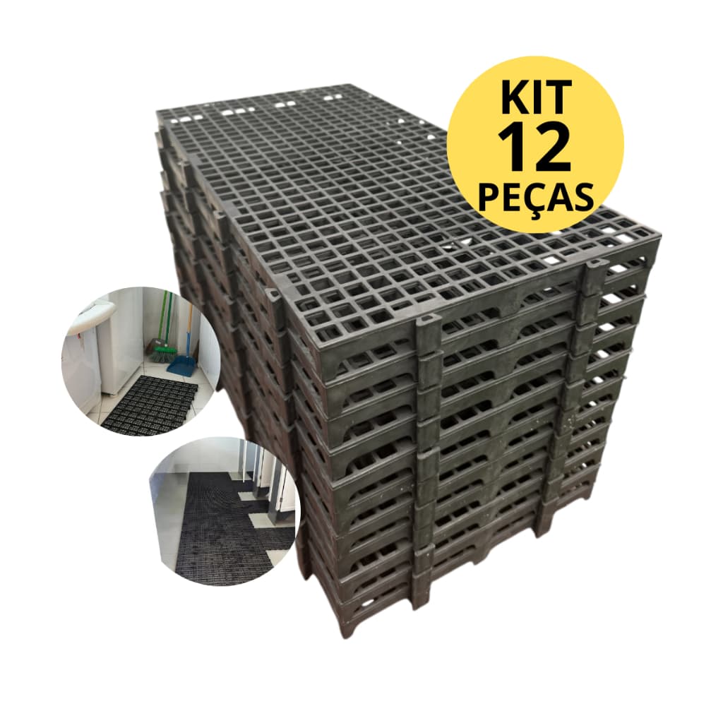 Kit 12 Peças Palete Estrado Piso Plástico Preto Resistente Deck Camara Fria Pet Shop Deposito Pallet
