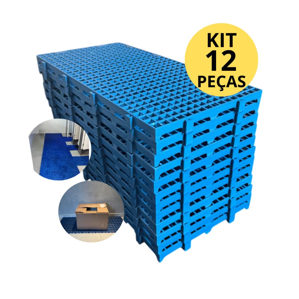 Kit 12 Peças Palete Estrado Piso Plástico Modular Montável Kit Azul