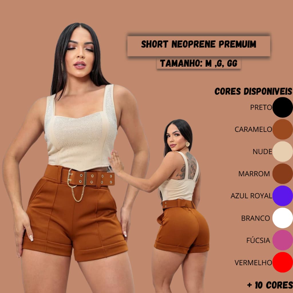Short Feminino Estilo Alfaiataria Cintura Alta Com Cinto Tecido Neoprene Premium