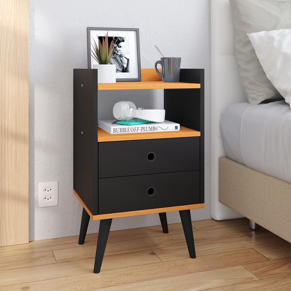 Mesa de Cabeceira Retrô DREAM – 2 Gavetas com Nicho, Preta Cinamomo, Elegante e Funcional
