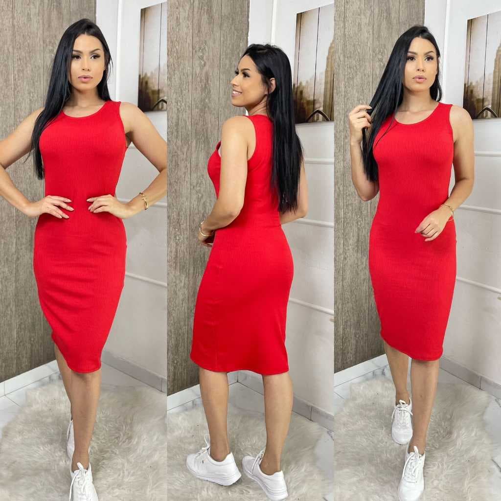 Kit 4 Vestido Feminino Midi Tubinho Casual Gola Baixa Tecido Canelado