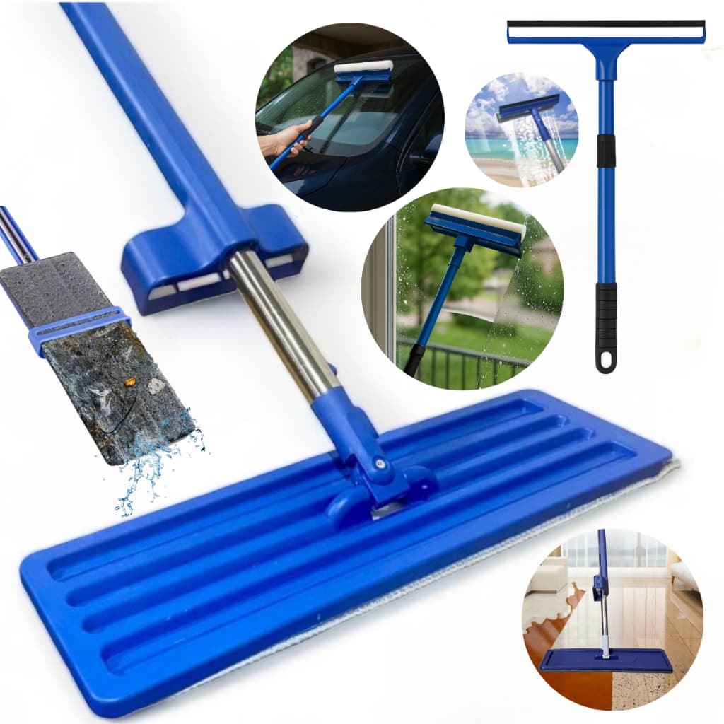 Mop Giratório Flat Limpeza Chão Profissional + Rodo Limpa Vidros Janelas