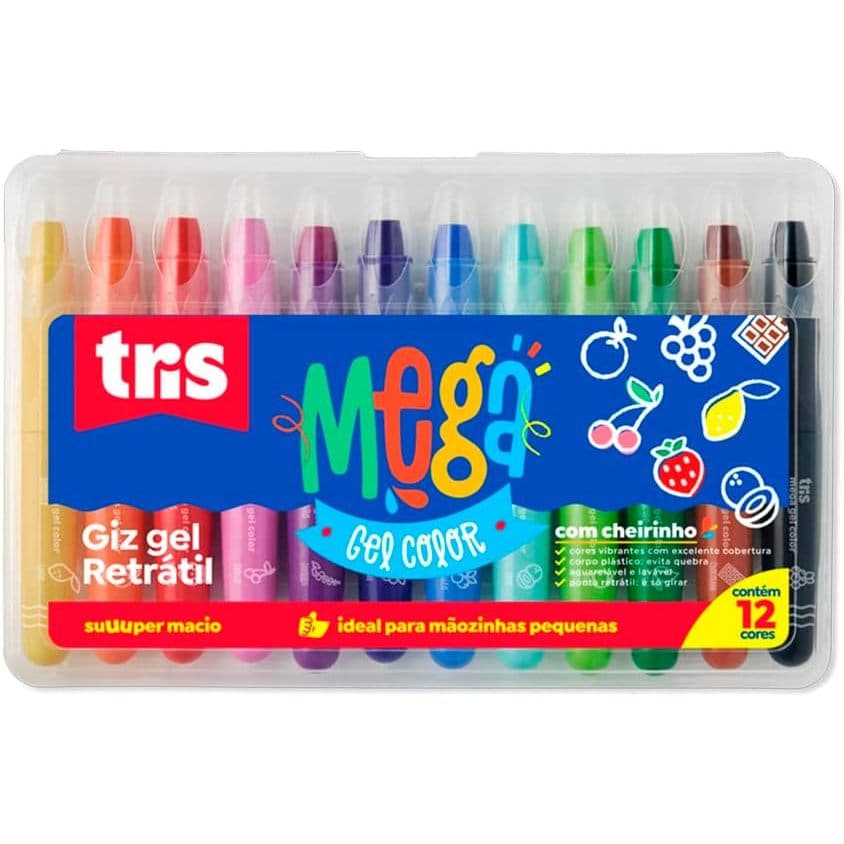 Giz Retrátil Mega Gel Color c/ Cheirinho - 12 Cores - Tris