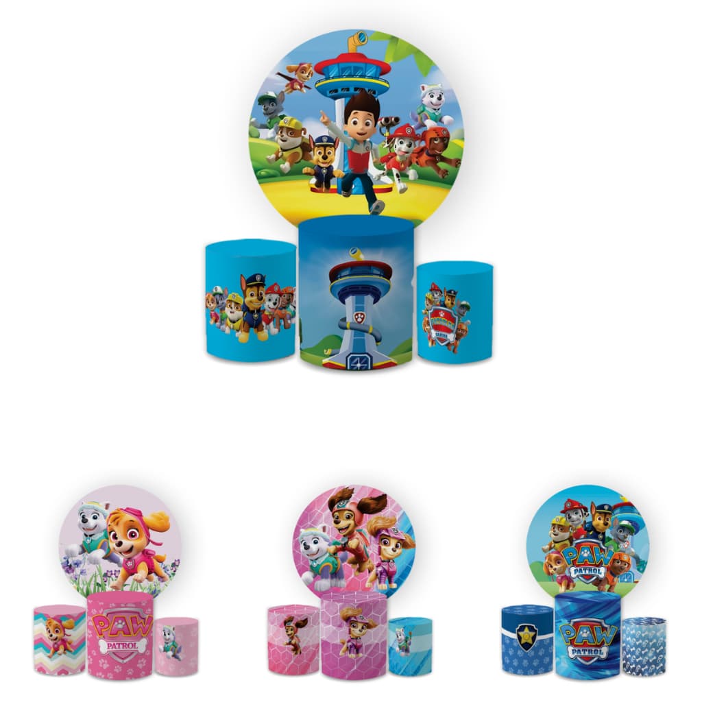 Kit Capa Painel Redondo 1,5 + Trio Capas Cilindros Tecido Sublimado Veste Fácil Decoração Infantil Tema Patrulha C.