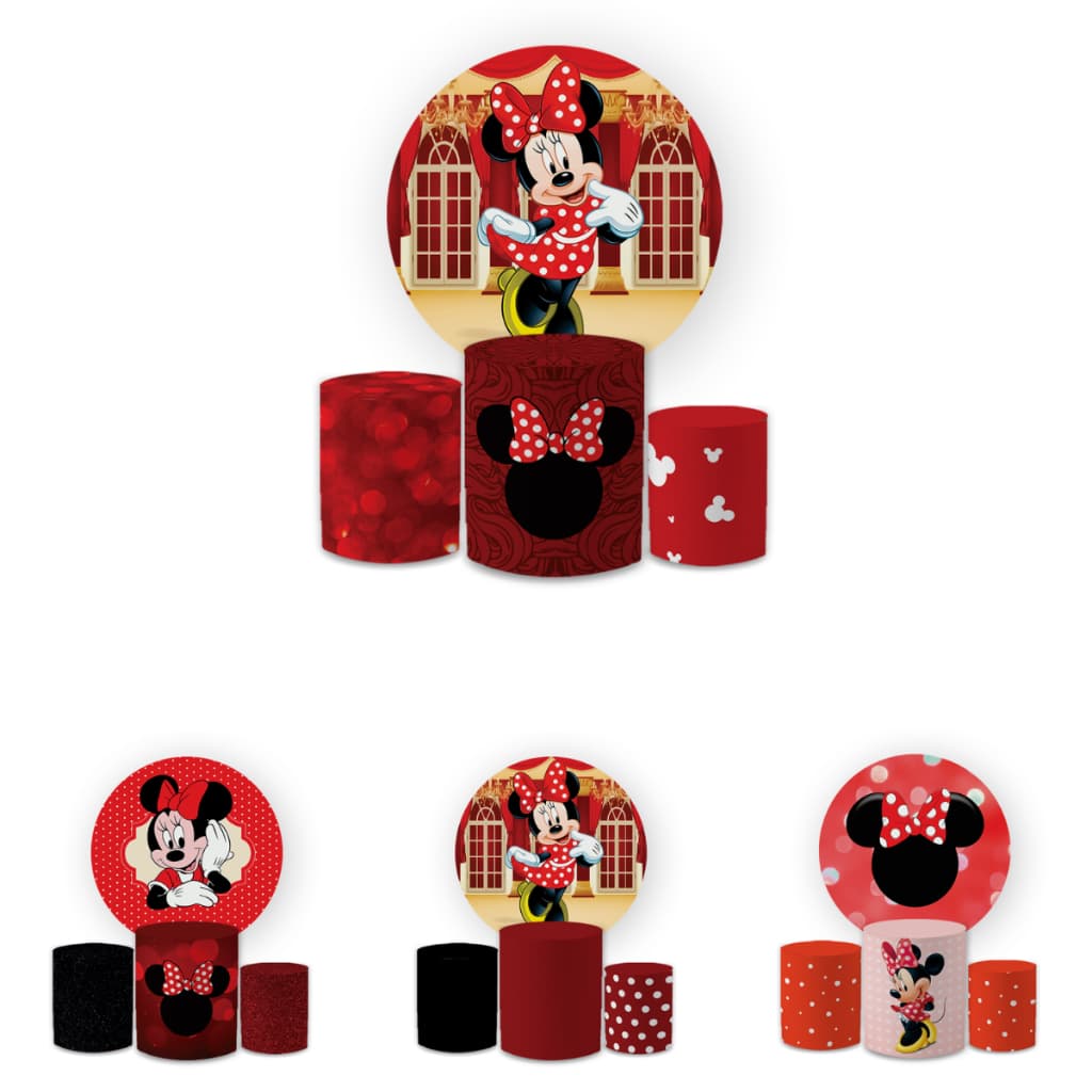 Kit Capa Painel Redondo 1,5 + Trio Capas Cilindros Tecido Sublimado Veste Fácil Mnnie Menina Decoração