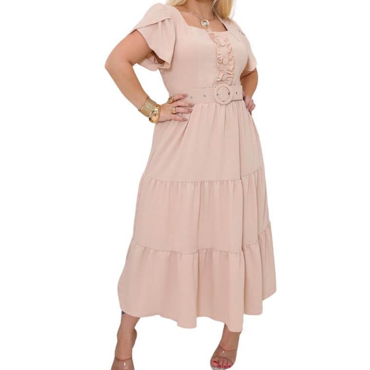 Vestido Longo com Forro 3 Marias Liso Com Botão Forrado e Cinto Detalhe em Babado - Moda Evangélica Casual