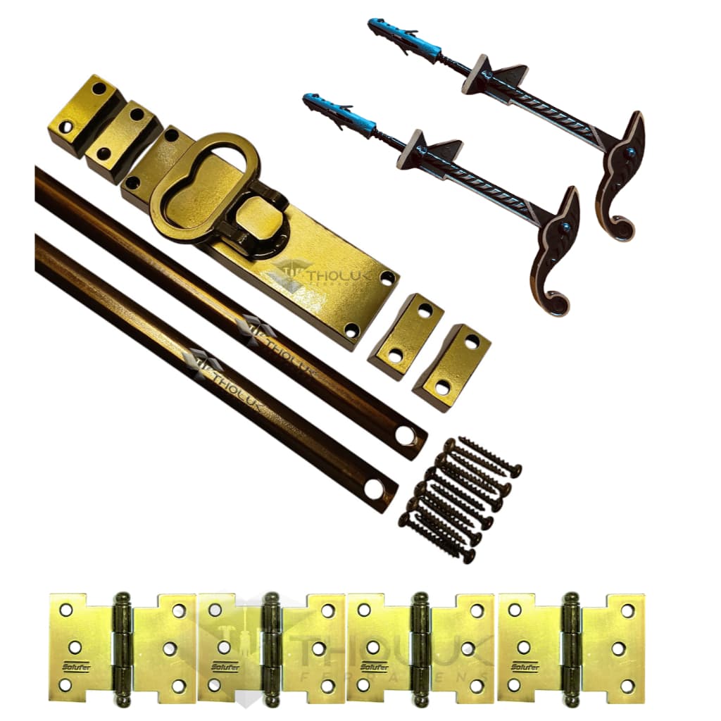 Kit Fechadura Cremona Lisa Dourada Com 2 Varas De 60cm + 4 dobradiças palmela 3'' + 2 carrancas colonial decorada