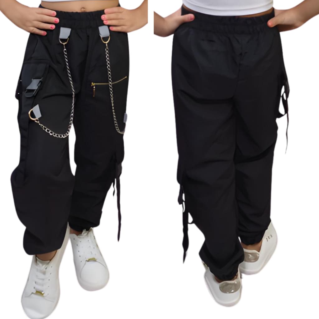 CALÇA CARGO JOGGER ESTILOSSA INFANTIL COM DUAS CORRENTES MODA GRINGA STREETWEAR PRETO BEGE 12 14 16