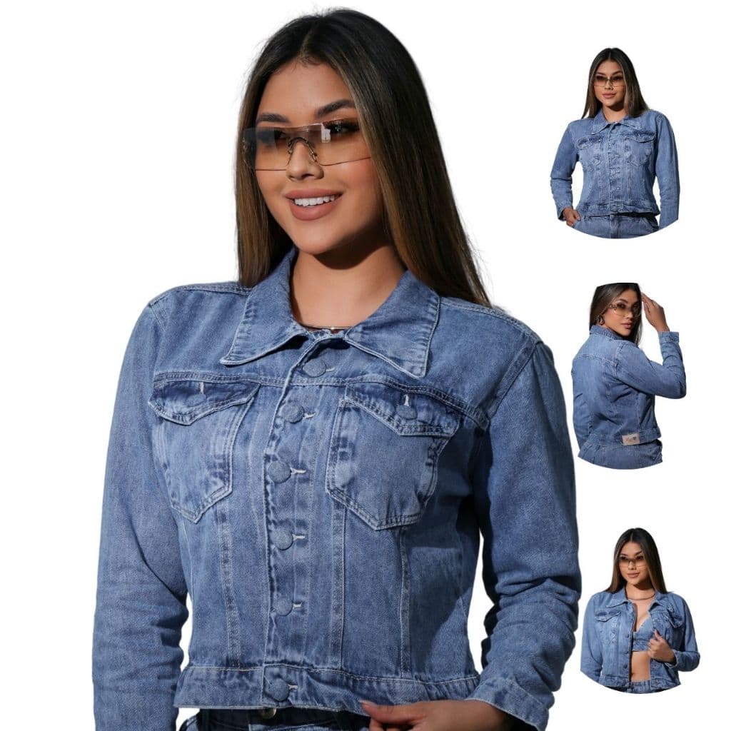 Jaqueta Jeans Feminina Premium Marmorizada Casaco Manga Comprida Botão Encapado Inverno Sem Elastano Laicra Blogueira