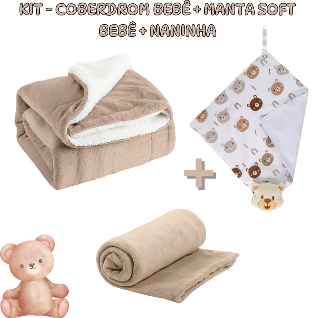Kit 3 Itens de Berço Bebe Promocional Cobertor Dupla Face Sherpa + Cobertor Soft + Naninha Bichinho