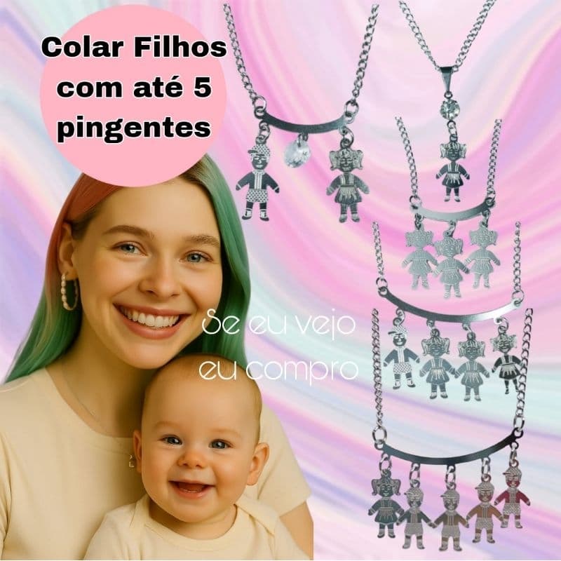 Colar pingente filho filha filhos filhas casal aço inox cirúrgico menino menina Corrente mãe família maternidade