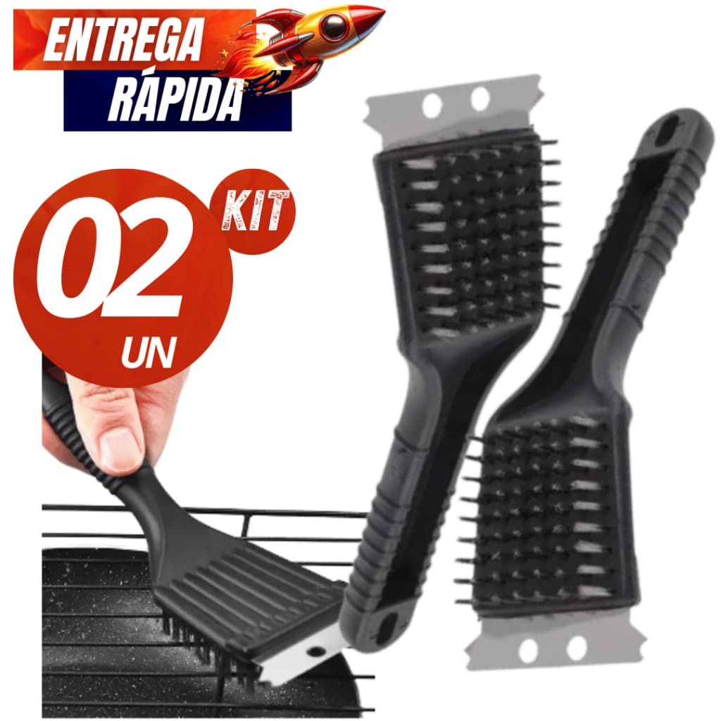 Conjunto Kit 02 ou 1un Escova Para Grelha Cerdas de Aço Limpa Grelha de Churrasqueira Com Raspador Premium