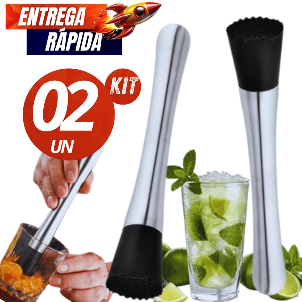 Kit 02/01 - Socador Gelo Gelos Medida 21x3cm Caipirinha e Frutas Feito de Inox  Linha Premium