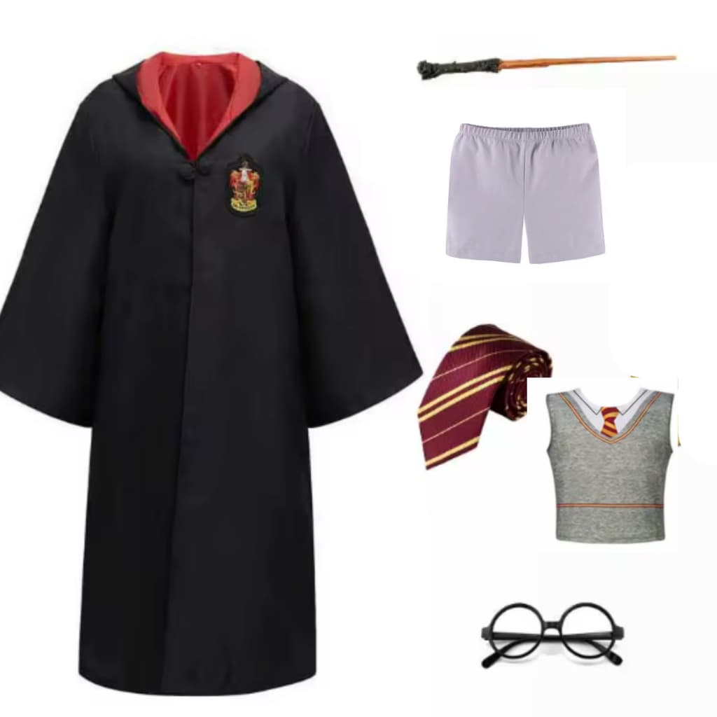 Fantasia Completa Bruxo Capa Camisa Shorts + Varinha + Oculos+ Gravata Inspirado no pequeno bruxo Harry potter