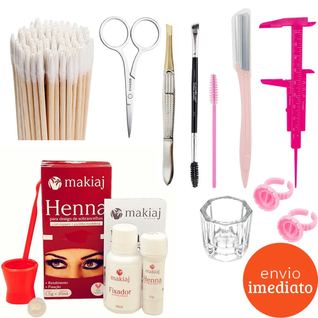 Kit Design Profissional Sobrancelhas Henna Makiaj Hipoalergênica Palito Paquimêtro Navalha Completo
