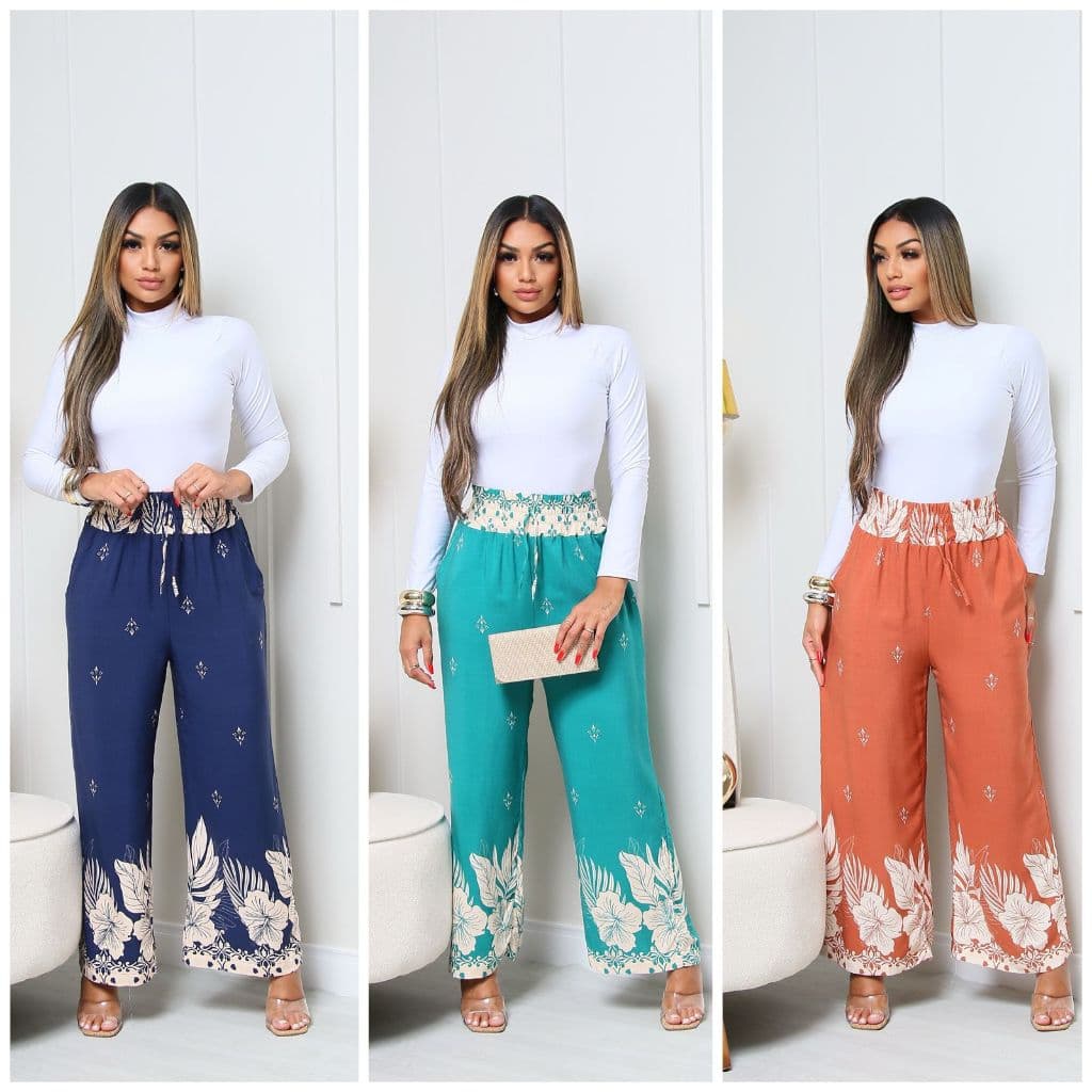 Calça Feminina Pantalona Estampada Viscolinho Cintura Alta Elástico Na Cintura Con Bolso Na Frente