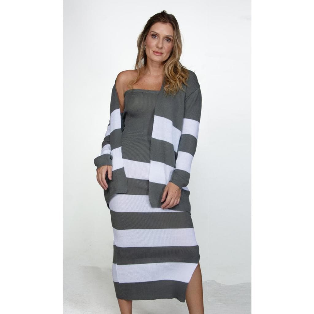 Conjunto Inverno Trico Tricot Feminino Vestido Mídi com Cardigan Listrado Manga Longa