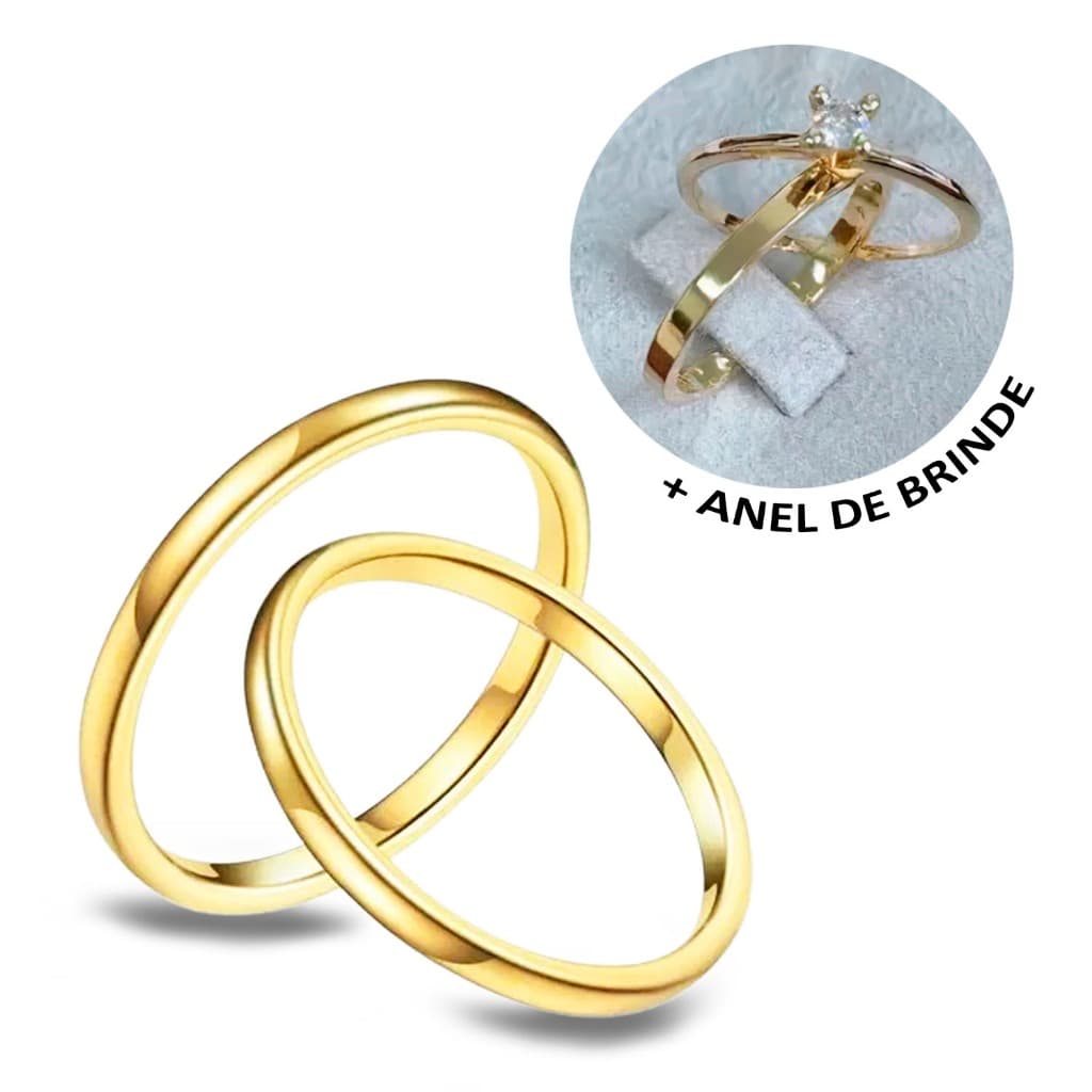 Par De Aliança Reta Moeda Antiga Mais Anel Solitário Casamento Noivado Namoro 2mm Dourada