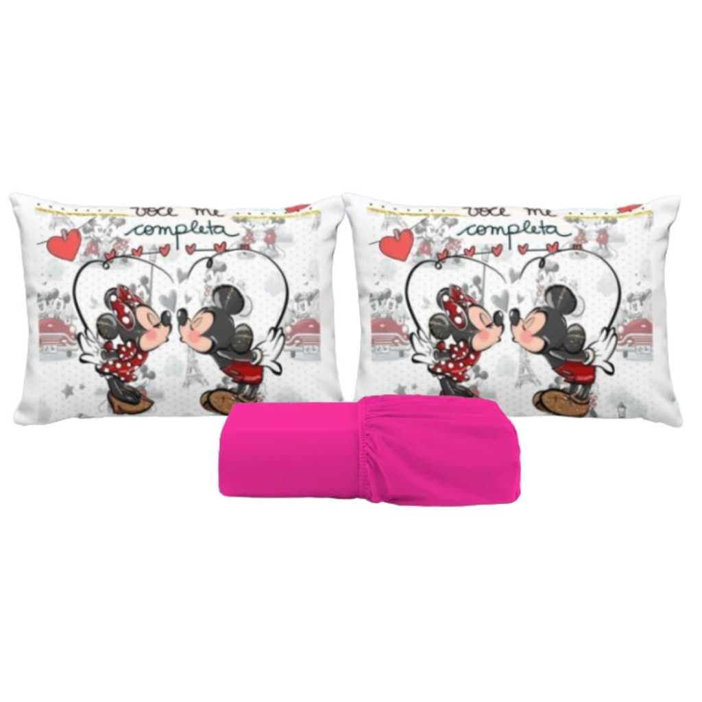 JOGO DE LENÇOL CASAL DE LUXO 3 PEÇAS MICKEY E MINNIE BEIJO FRONHA TRAVESSEIRO LENÇOL DE ELASTICO