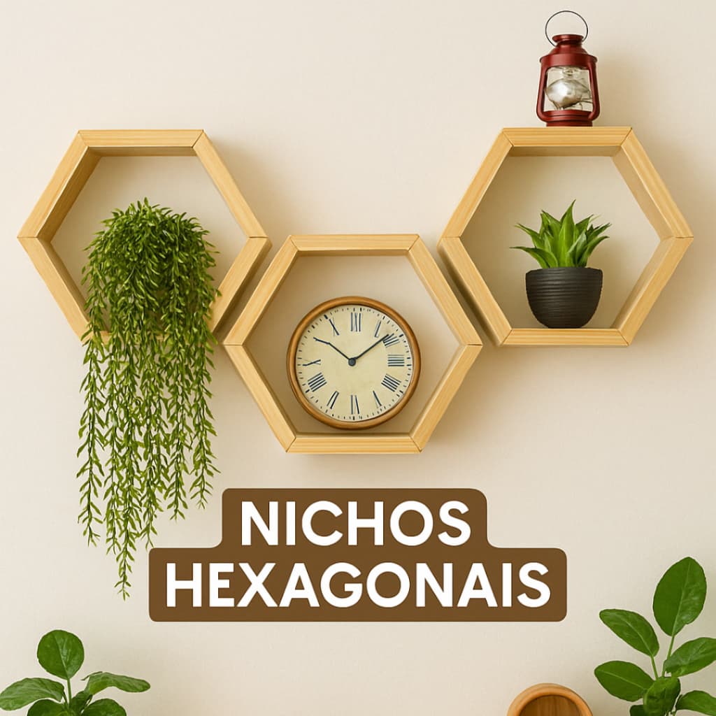 Kit de 3 Nichos tipo Colmeia Hexagonais em Pinus para Decoração