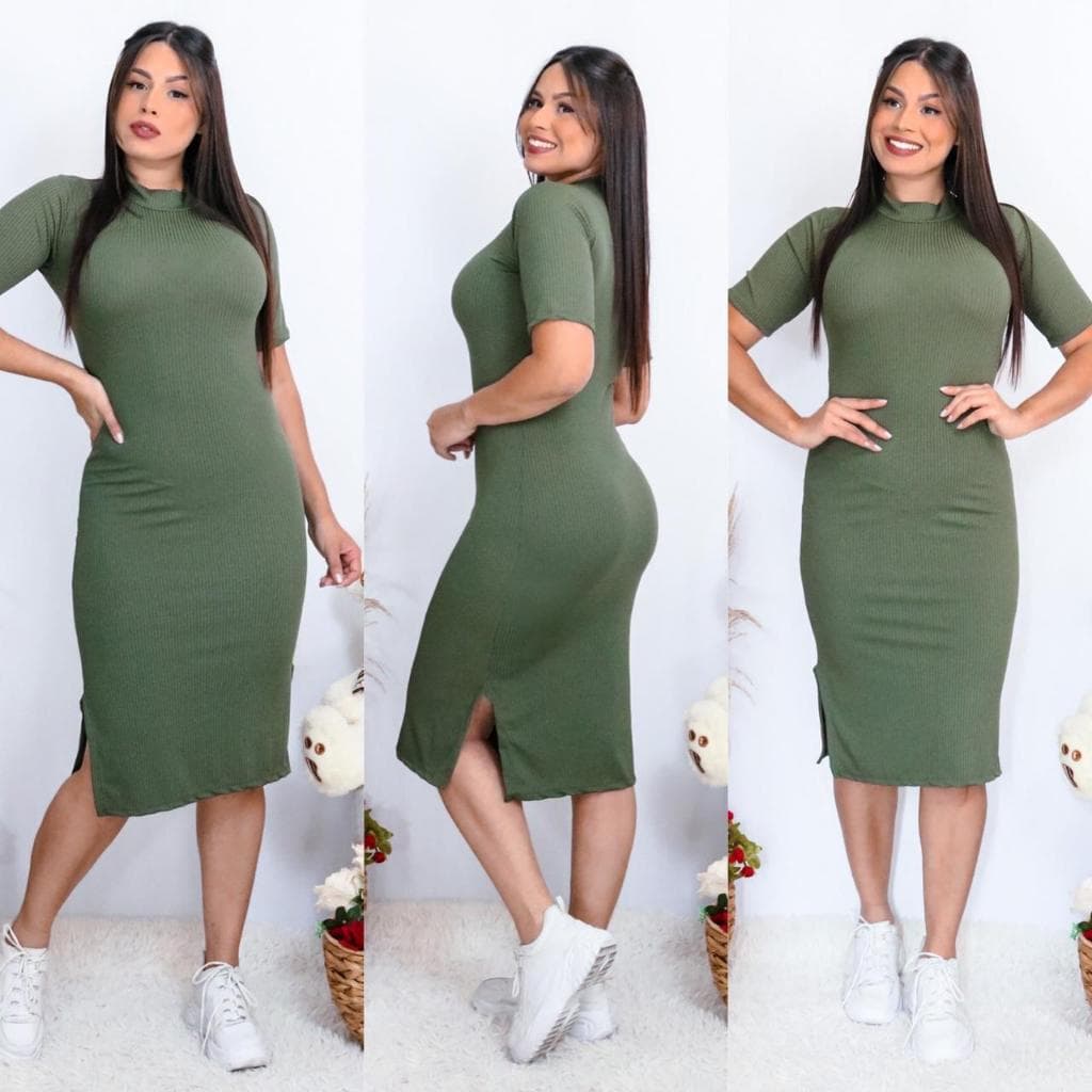 Kit 2 Vestido Feminino Midi Duas Fenda Lateral Evangélico Malha Canelada Gospel
