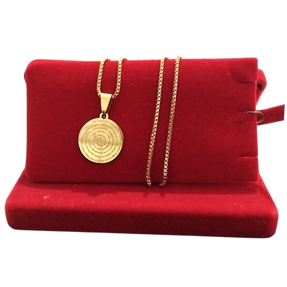 Colar Feminino Veneziana Folheada a Ouro Dourado com Pingente Medalha Oração Pai Nosso