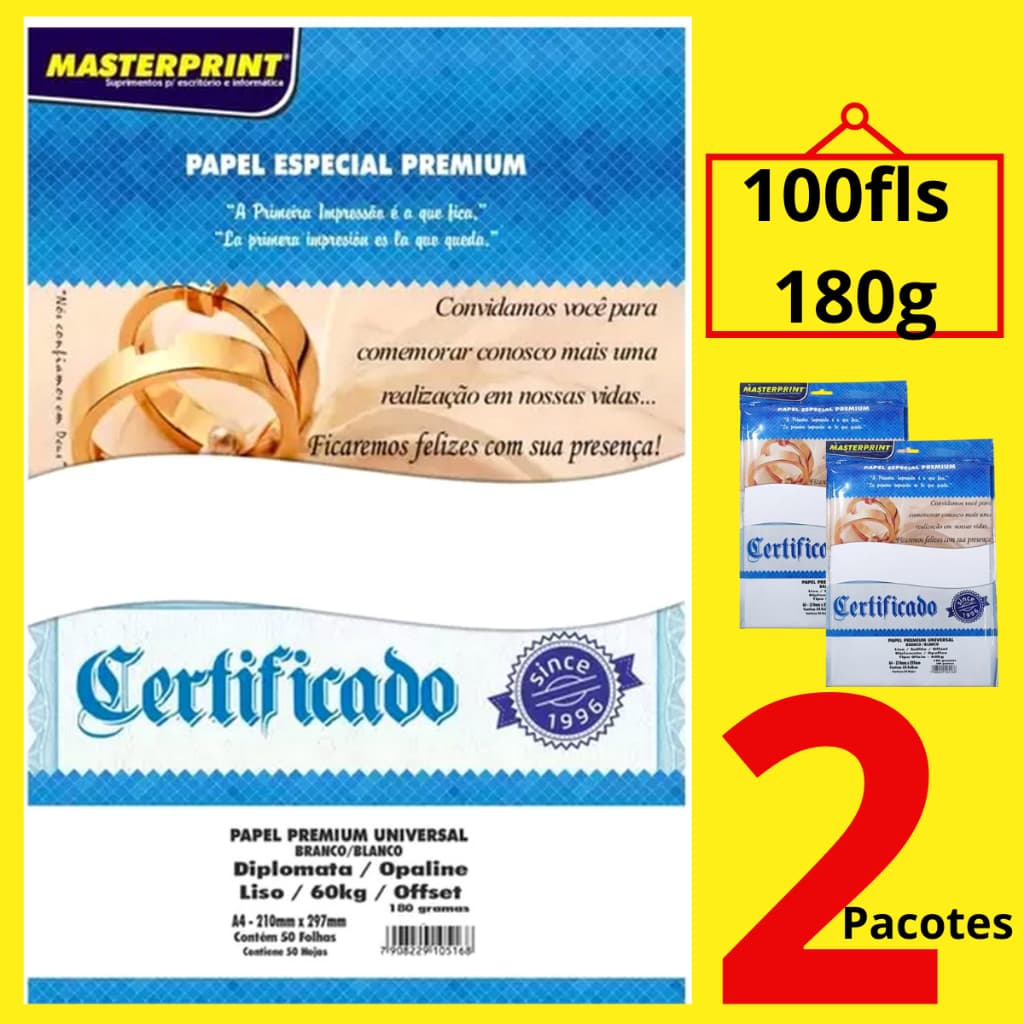 PAPEL A4 BRANCO 180G MASTERPRINT 100FLS KIT 2 RESMA C/50FLS CADA