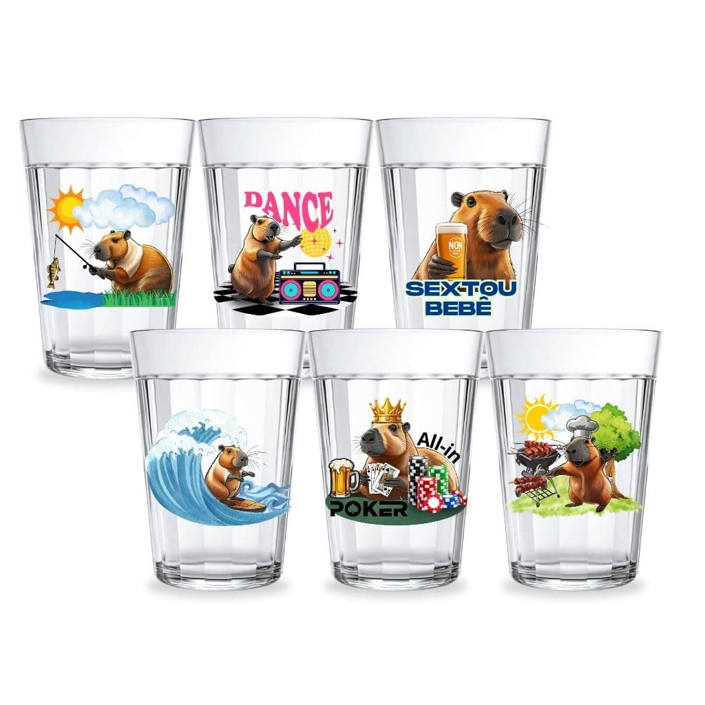 Kit 6 Copos Temáticos Capivara Várias Estampas Vidro Resistente 190ml Presente Criativo Churras