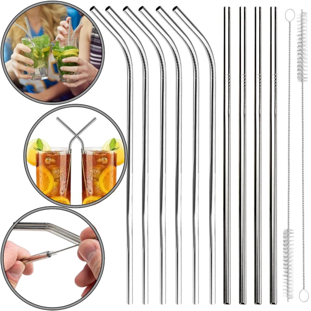 Kit 10 Canudo Aço Inox Alta Qualidade Reutilizável + 2 Escova De limpeza Festa Drinks Milkshake