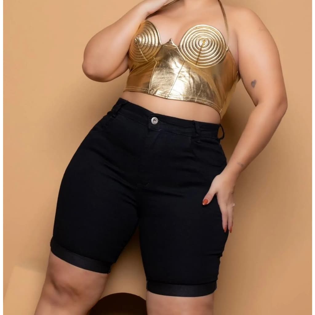 Short Jeans Feminina Plus Size Preto Pedal