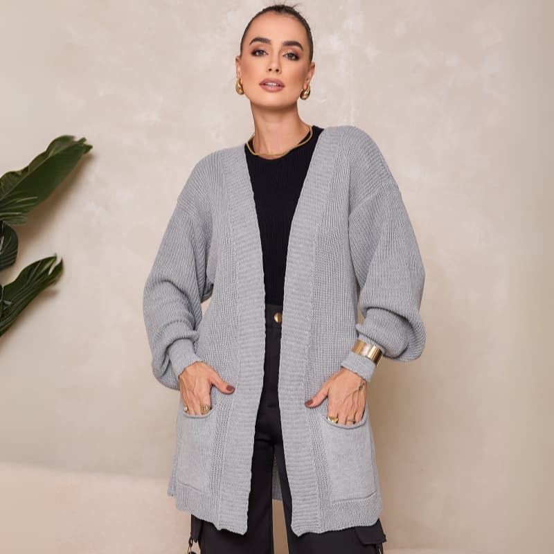 Casaco Cardigan SobreTudo Tricô Manga Bufante Longa com Bolso Feminino