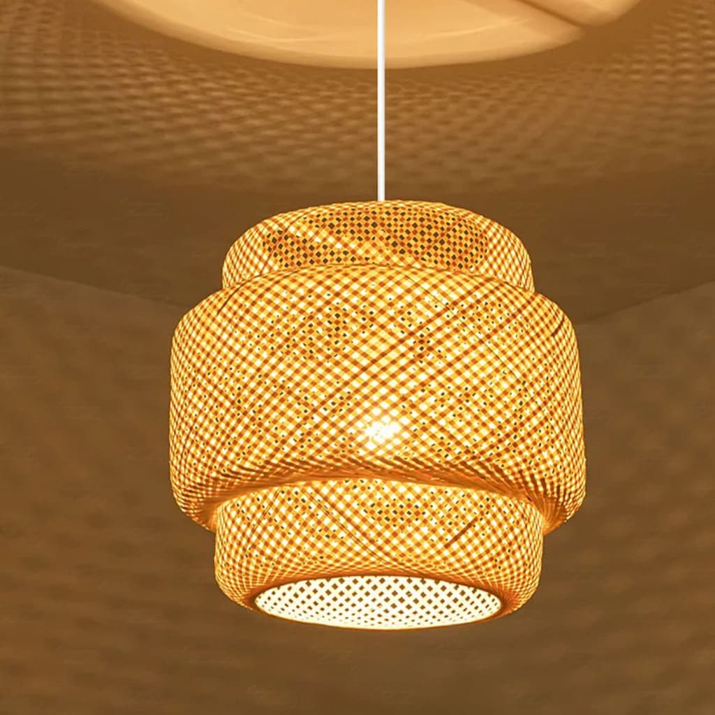 Luminária de Teto Lustre Pendente Bambu Cayman Rústico 40cm Lustre Sala Cozinha Fiação Branca 2m