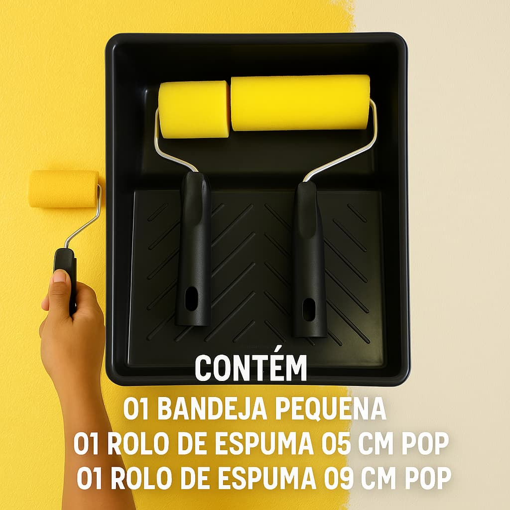 Kit Pintura Rolo de Espuma 9cm/5cm C/ Suporte + Bandeja Pequena
