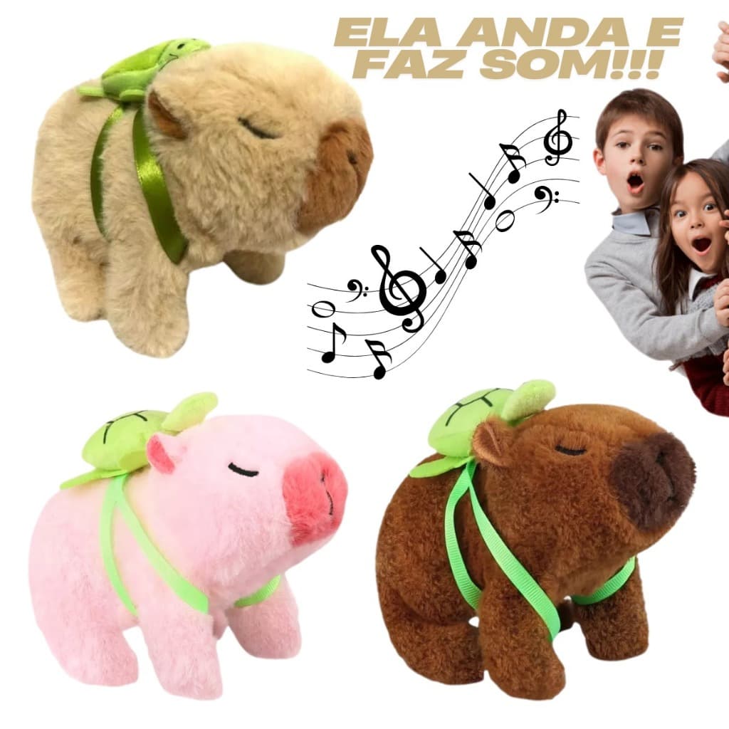 Brinquedos De Pelucia Capivara que anda e faz barulho Fofinhos Cores Marrom Bege Rosa
