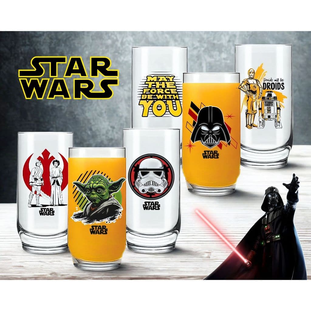 6 Copos Long Drink De Vidro Ícones Star Wars Decorativo Geek Personalizado Colecionável Agua Suco