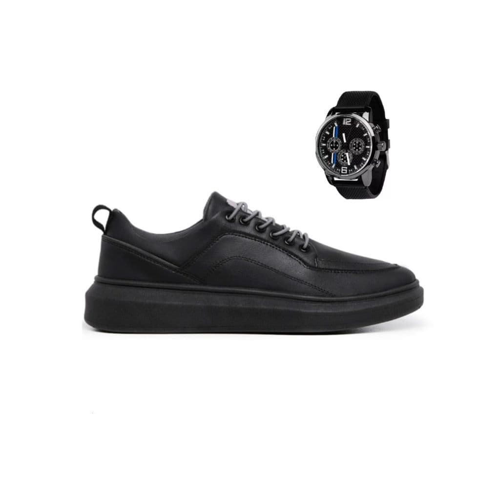 Kit Tênis+Relógio All Black Masculino Básico Casual Esportivo Confortável London