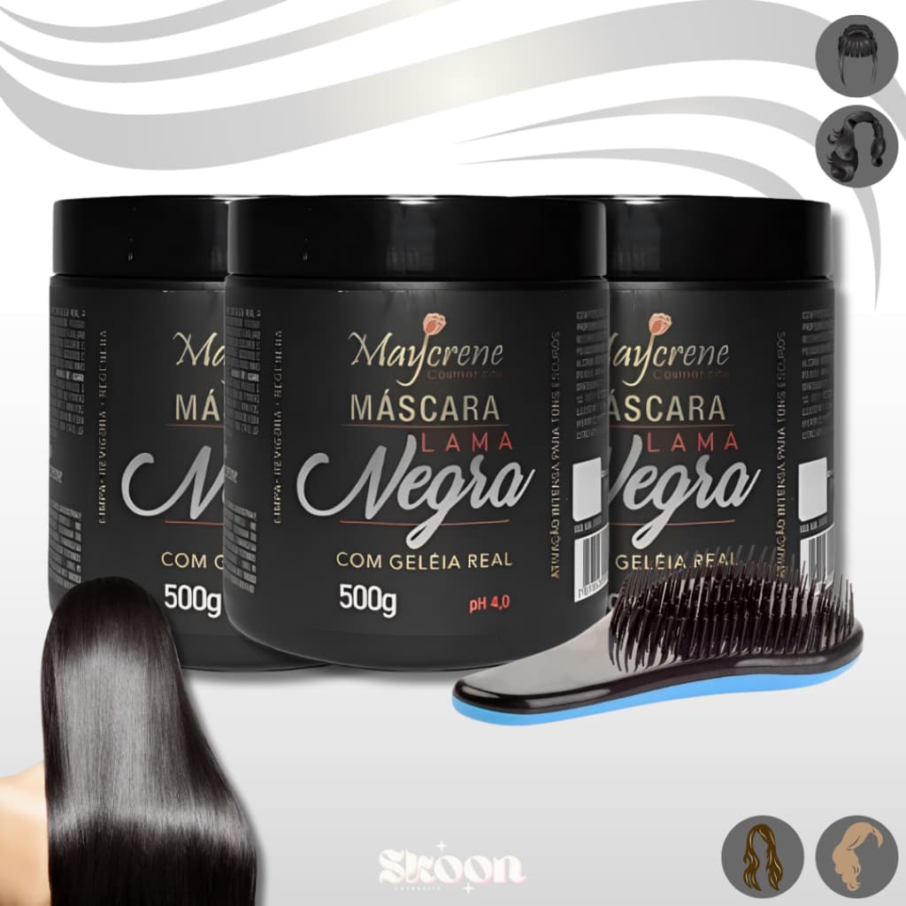 Kit 3 Máscara Lama Negra+Escova Macia Ativadora de Tons Escuros Máscara Capilar Hidratante Maycrene