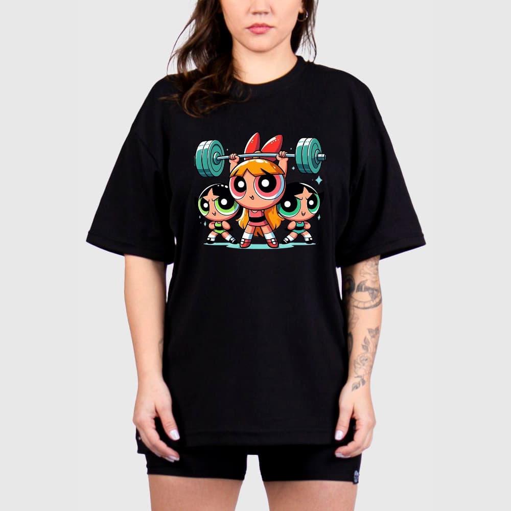 Camisa Camiseta Feminina As meninas super poderosas ombro caído academia 100% algodão