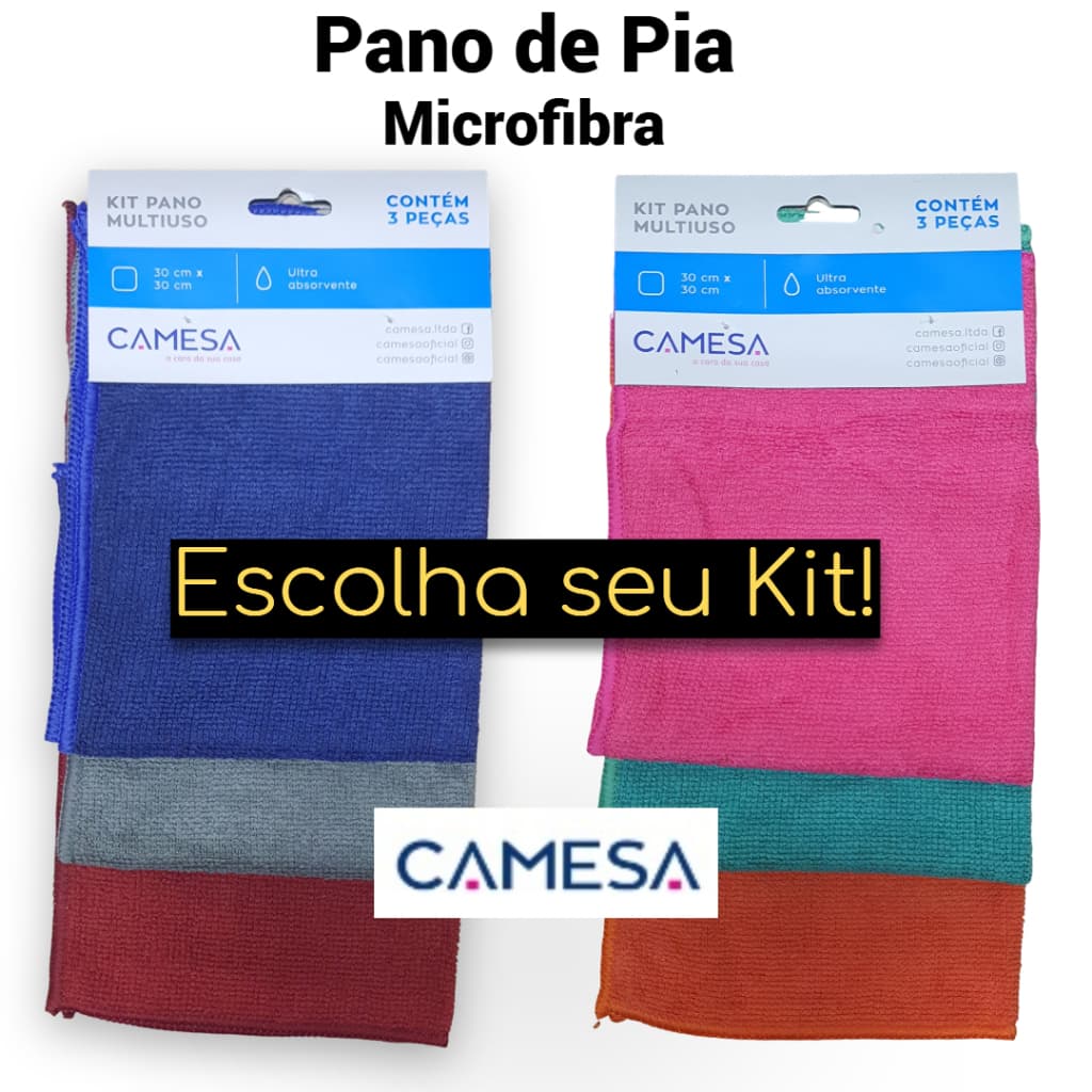 Kit 3 Un Pano Multiuso 30cm x 30cm Camesa Microfibra Pia